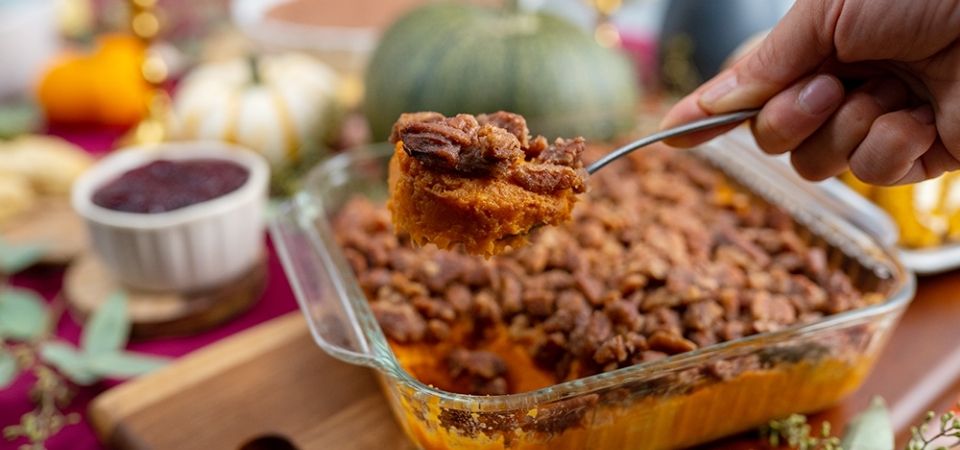 SWEET POTATO CASSEROLE WITH CANDIED PECANS